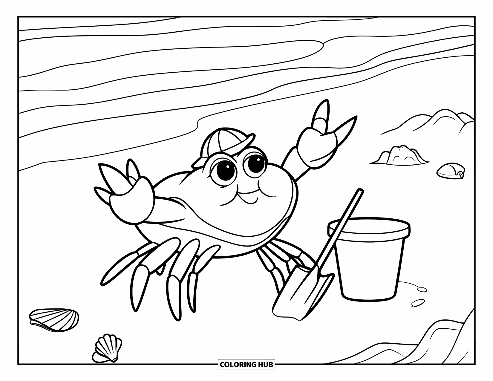Desenho de Caranguejo para Colorir para Crianças: Um caranguejo gordinho sorri ao lado de um balde e uma pá em uma costa tranquila