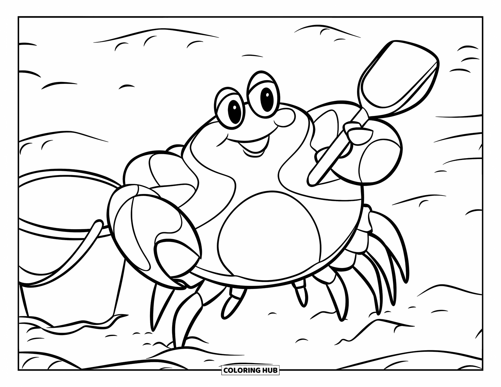 Desenho de Caranguejo para Colorir para Crianças: Um caranguejo gordinho fica perto de um balde e uma pá, pronto para construir um castelo