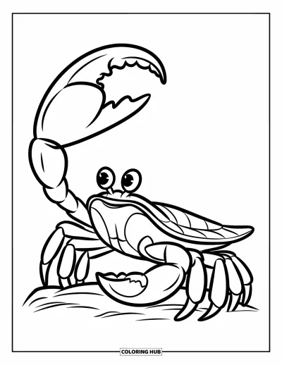 Crab Coloring Page for Kids: A confident fiddler crab raises its claw high on a rocky perch