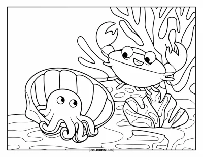 Crab Coloring Page for Kids: A crab and an octopus play hide-and-seek in a coral reef