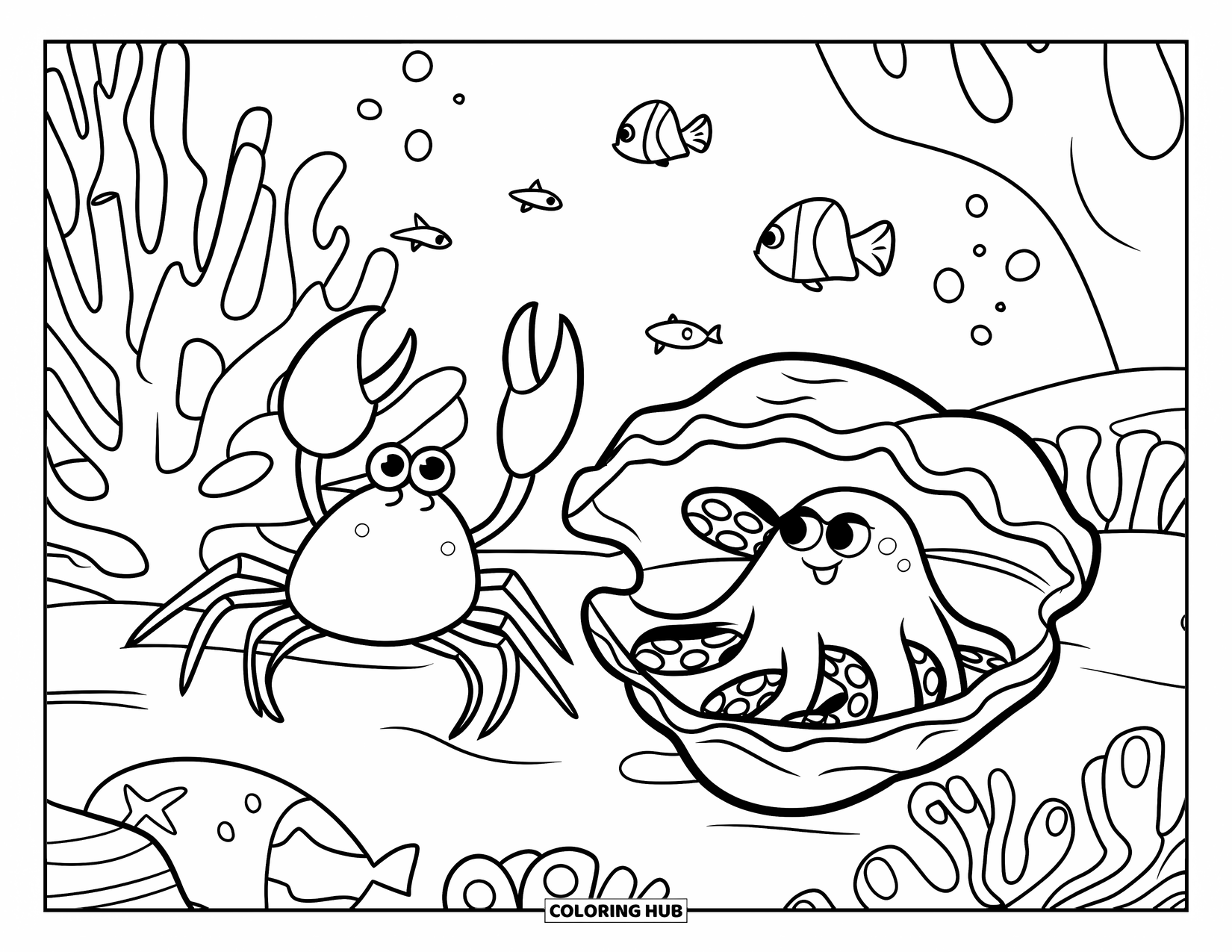 Desenho de Caranguejo para Colorir para Crianças: Um caranguejo e um polvo brincam de esconde-esconde em um mar cheio de estrelas-do-mar e peixes