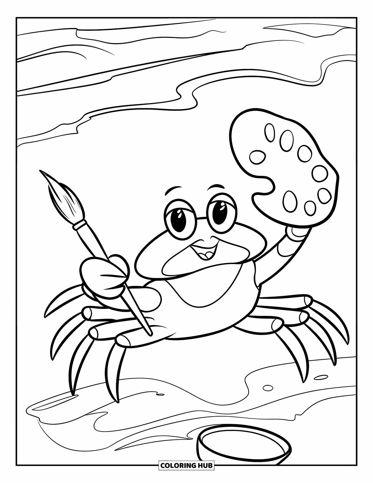 Desenho de Caranguejo para Colorir para Crianças: Um caranguejo artista pinta na areia com um pincel e uma paleta de conchas