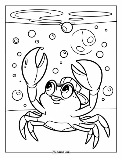 Crab Coloring Page for Kids: A crab blows bubbles underwater and watches them float up happily