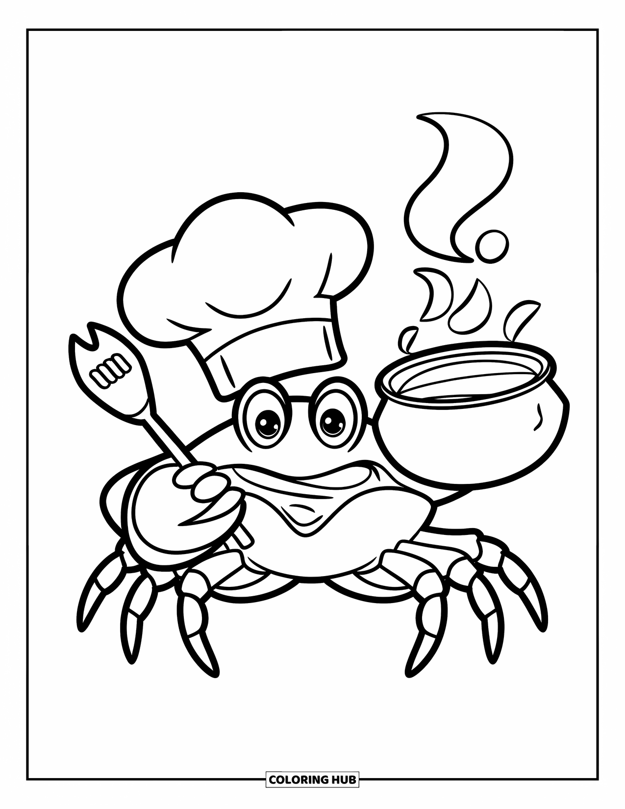 Desenho de Caranguejo para Colorir para Crianças: Um caranguejo chef mexe uma panela fumegante enquanto segura uma espátula em sua garra