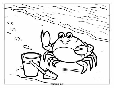 Crab Coloring Page for Kids: A crab grins happily near beach toys and footprints in the soft sand