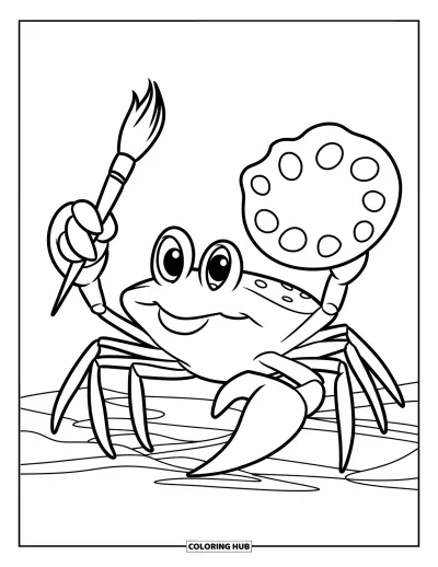 Crab Coloring Page for Kids: A crab holds a brush and seashell palette, painting happily in the sand