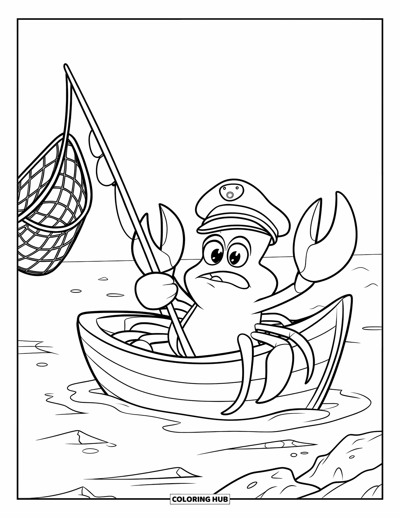 Desenho de Caranguejo para Colorir para Crianças: Um caranguejo em um barco segura uma rede de pesca e parece surpreso