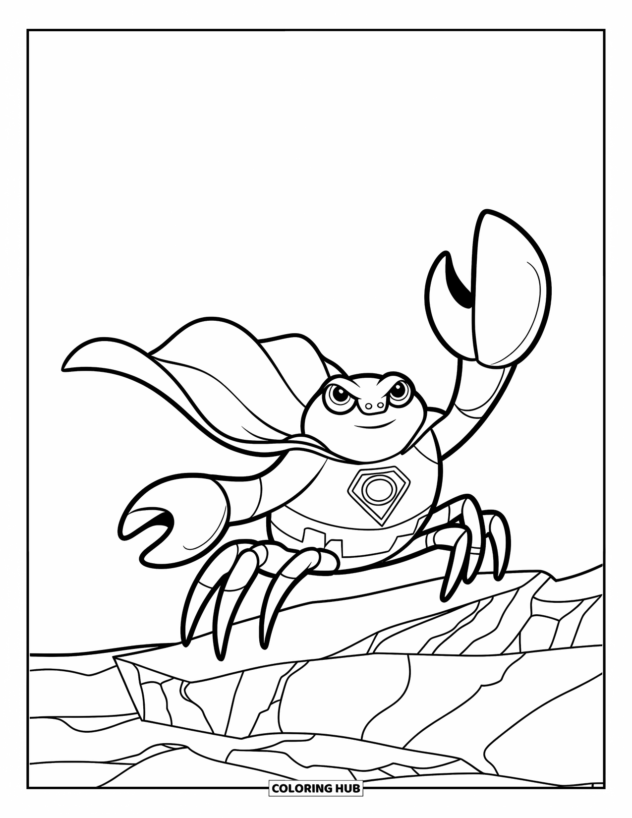 Desenho de Caranguejo para Colorir para Crianças: Um caranguejo com uma capa mostra seu emblema de concha em uma pose forte de super-herói