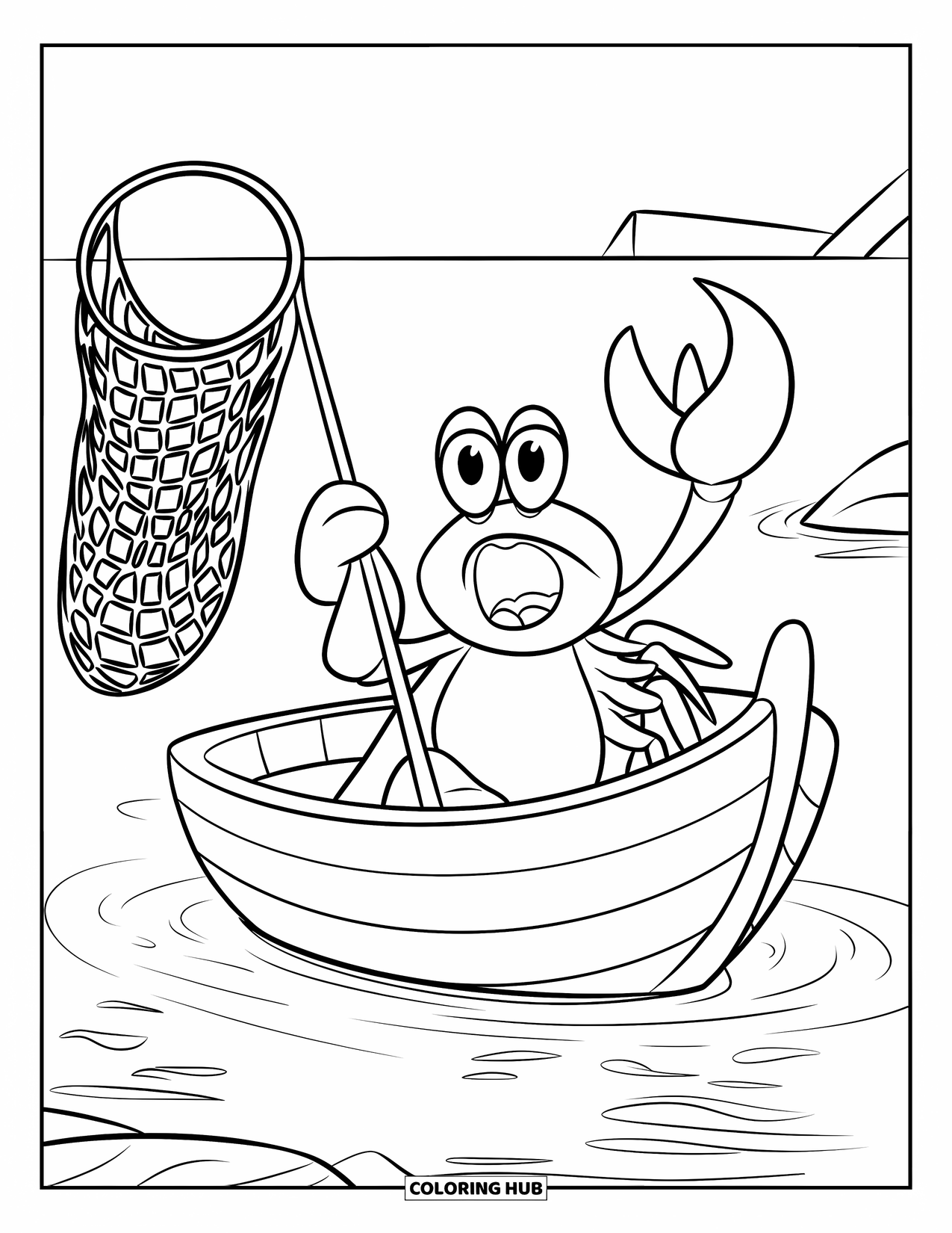 Desenho de Caranguejo para Colorir para Crianças: Um caranguejo com um chapéu de capitão segura uma rede e ofega em um pequeno barco