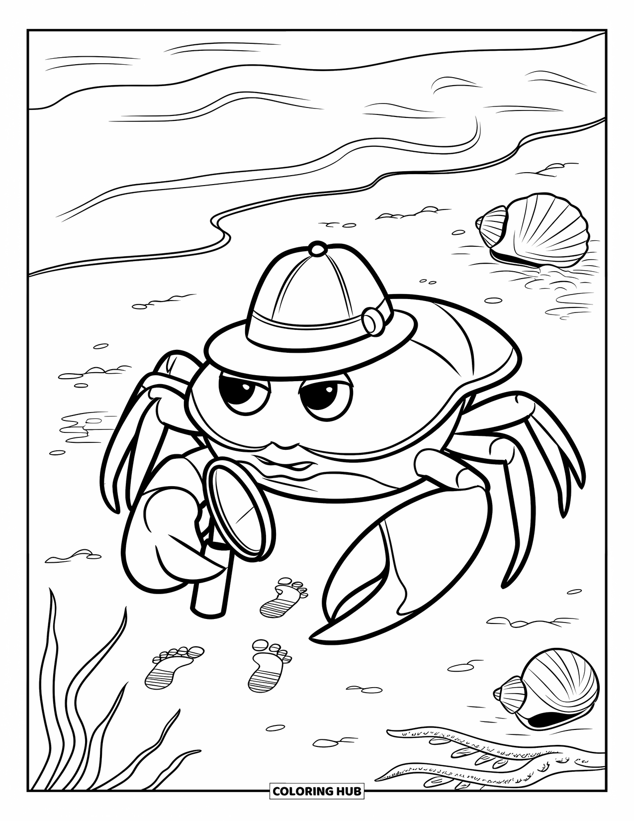 Desenho de Caranguejo para Colorir para Crianças: Um caranguejo com um chapéu de detetive examina pegadas perto de ondas e conchas marinhas