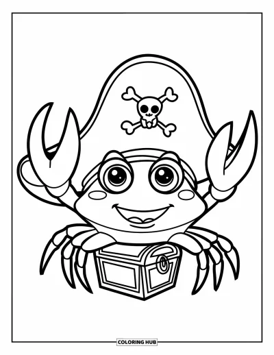 Crab Coloring Page for Kids: A crab in a pirate hat stands proudly on a tiny treasure chest