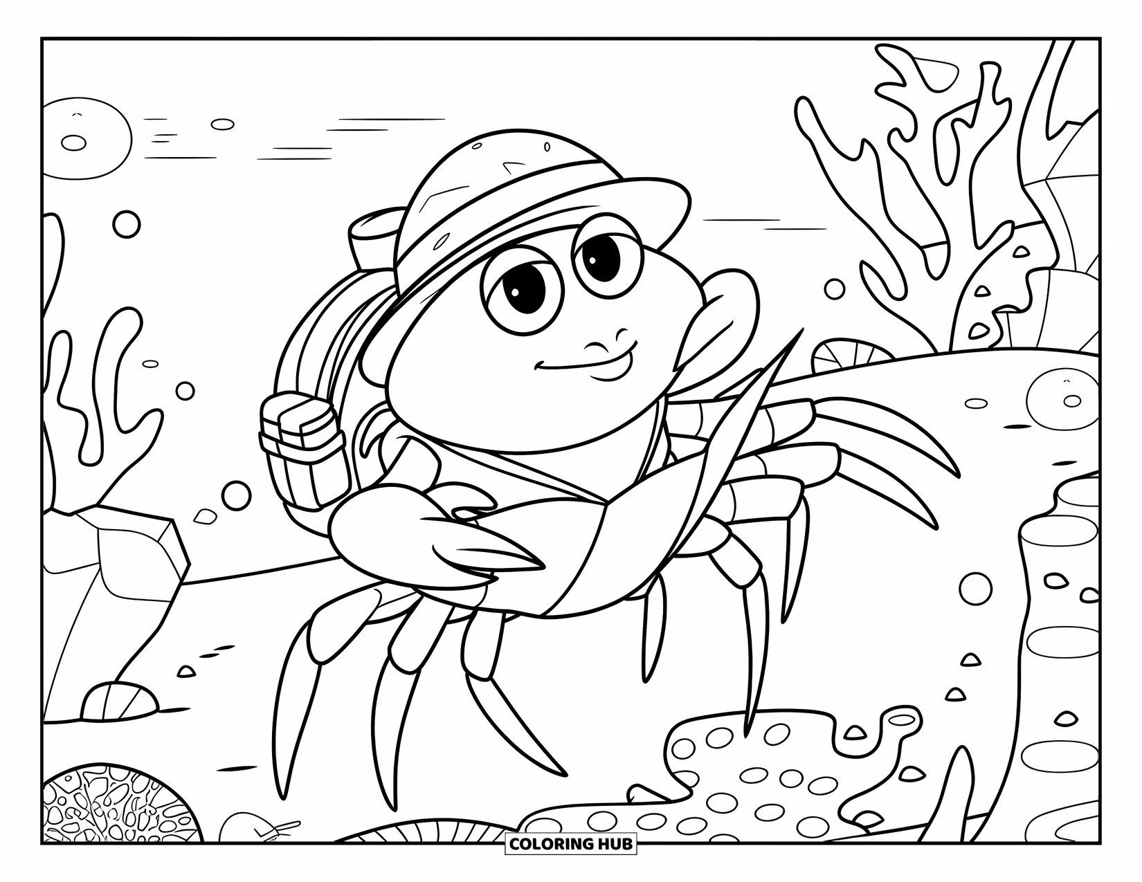 Desenho de Caranguejo para Colorir para Crianças: Um caranguejo com equipamento de aventura explora recifes de coral cheios de vida marinha
