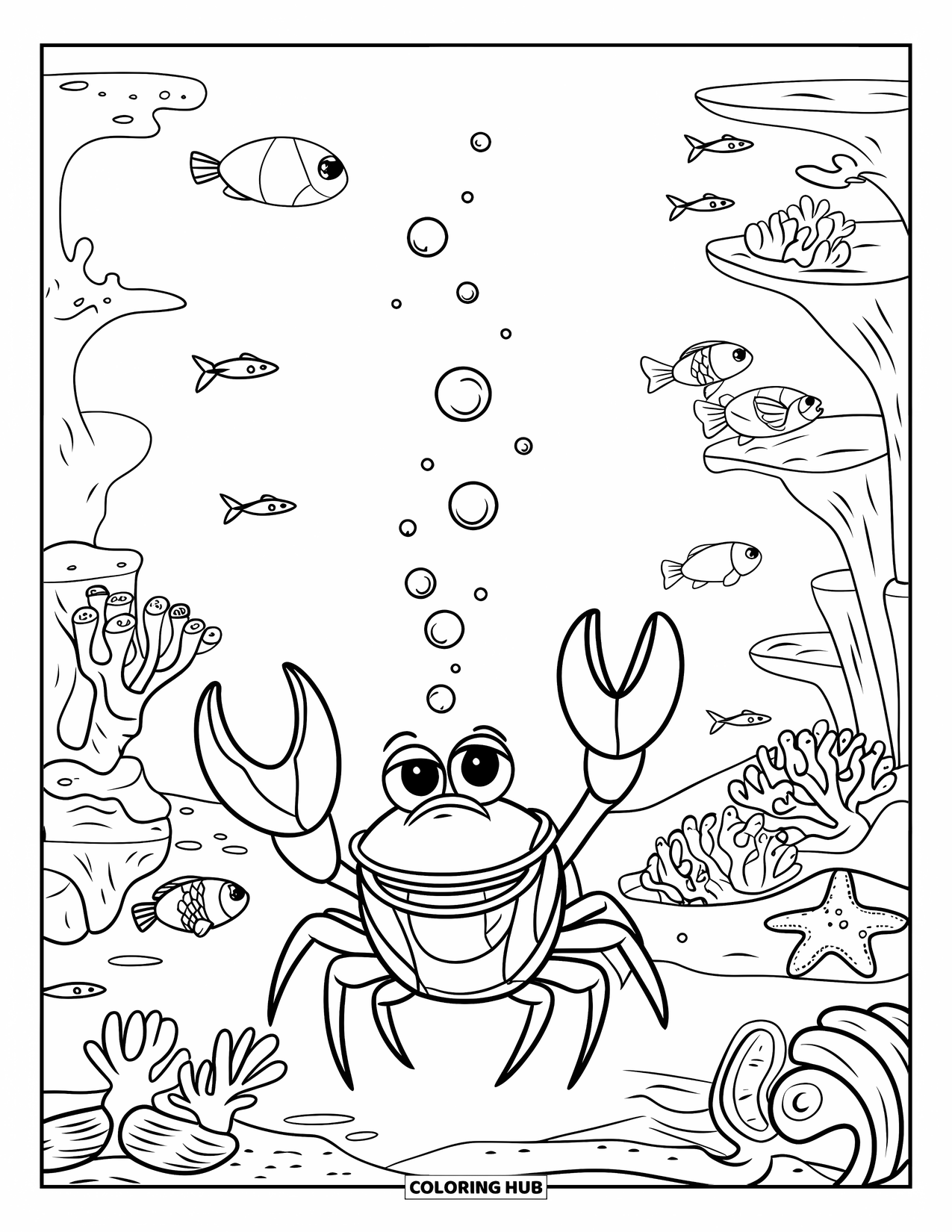 Desenho de Caranguejo para Colorir para Crianças: Um caranguejo com equipamento de mergulho sopra bolhas perto de peixes e estrelas-do-mar no recife