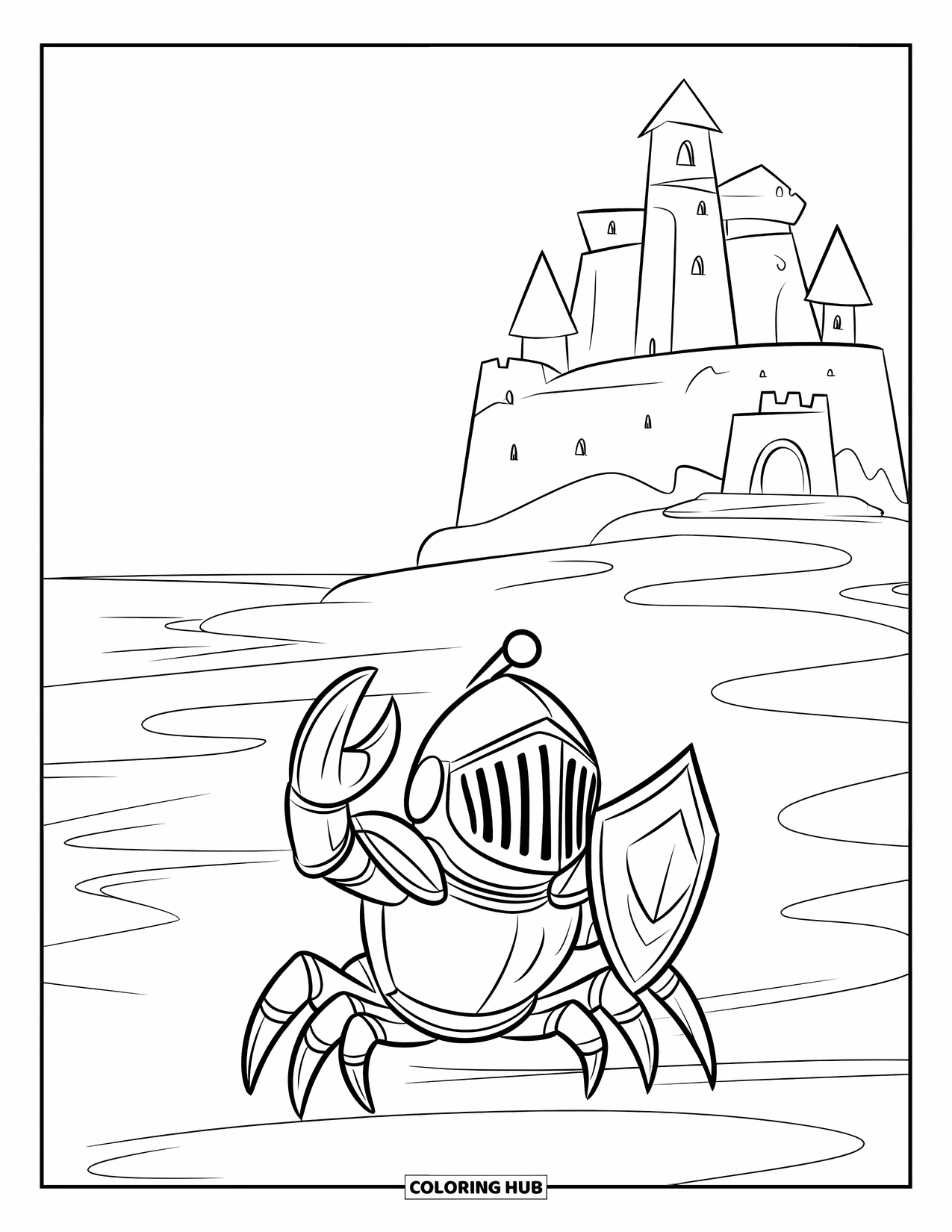 Desenho de Caranguejo para Colorir para Crianças: Um caranguejo cavaleiro fica orgulhoso em armadura, guardando um castelo de areia imponente