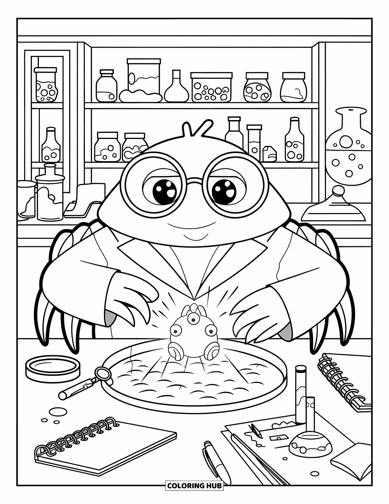 Desenho de Caranguejo para Colorir para Crianças: Um caranguejo cientista senta-se em uma mesa de laboratório, inspecionando um item brilhante do mar