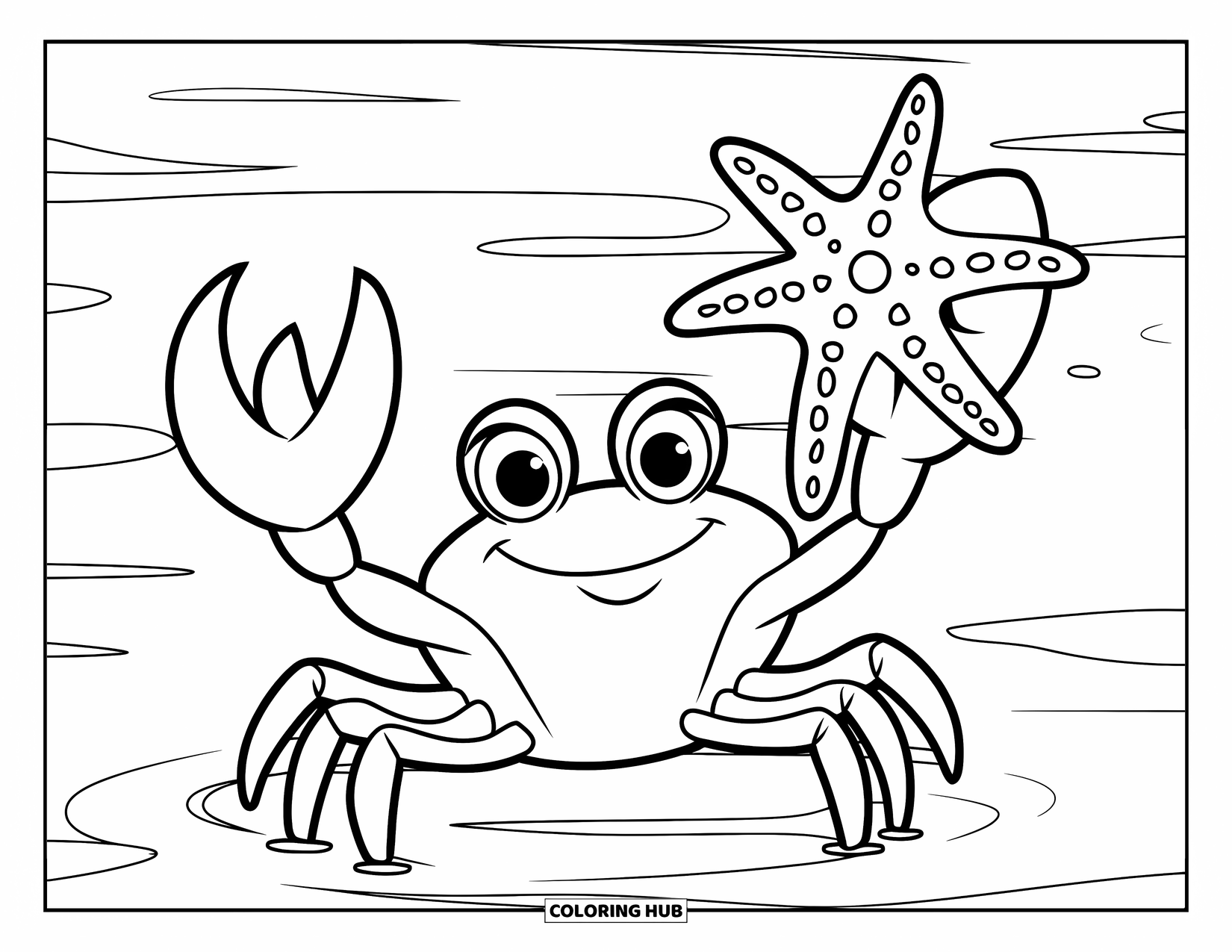 Desenho de Caranguejo para Colorir para Crianças: Um caranguejo fica em águas rasas, sorrindo com uma estrela-do-mar em uma garra