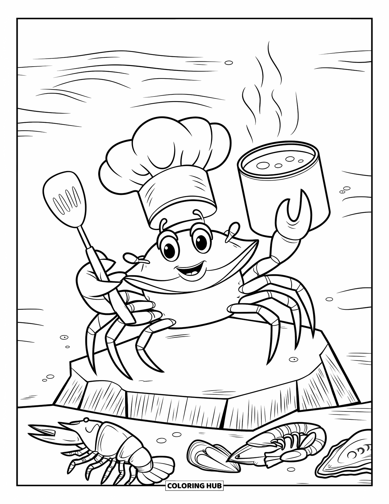 Desenho de Caranguejo para Colorir para Crianças: Um caranguejo com um chapéu de chef prepara frutos do mar em uma rocha no mar