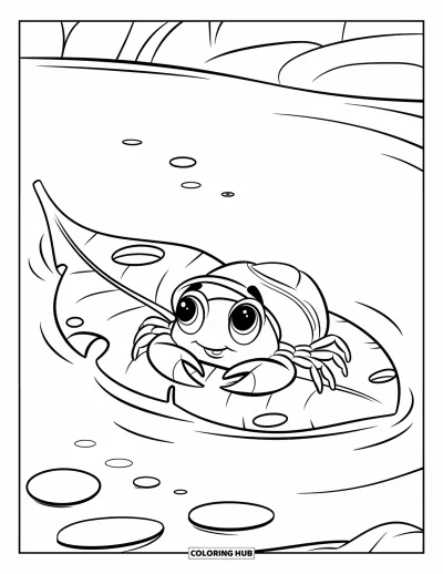 Crab Coloring Page for Kids: A crab with a hat naps on a drifting leaf surrounded by bubbles