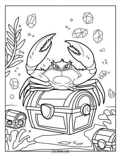 Crab Coloring Page for Kids: A crab with big claws stands on treasure surrounded by shiny underwater gems