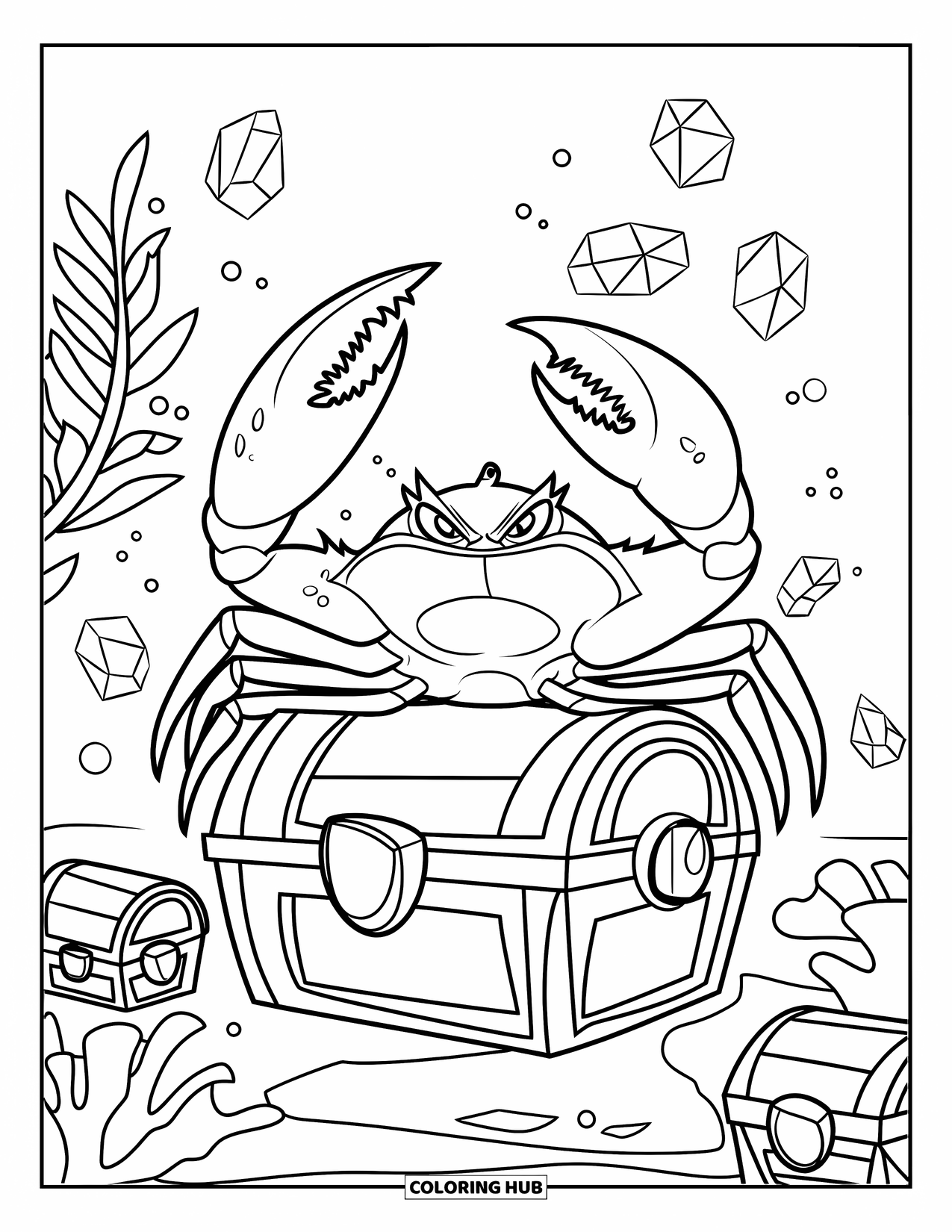 Desenho de Caranguejo para Colorir para Crianças: Um caranguejo com garras grandes fica em um tesouro cercado por gemas subaquáticas brilhantes