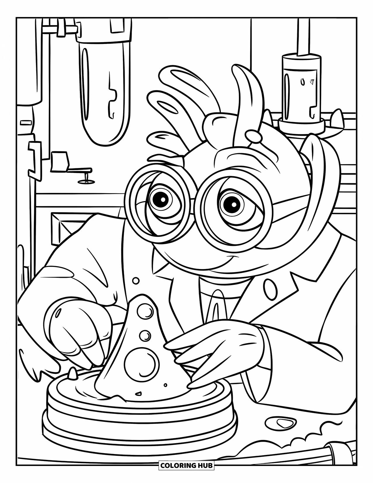 Desenho de Caranguejo para Colorir para Crianças: Um caranguejo cientista curioso estuda uma descoberta brilhante estranha em um laboratório subaquático