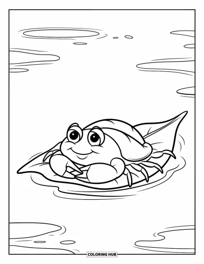 Crab Coloring Page for Kids: A cute crab floats peacefully on a leaf drifting across calm water