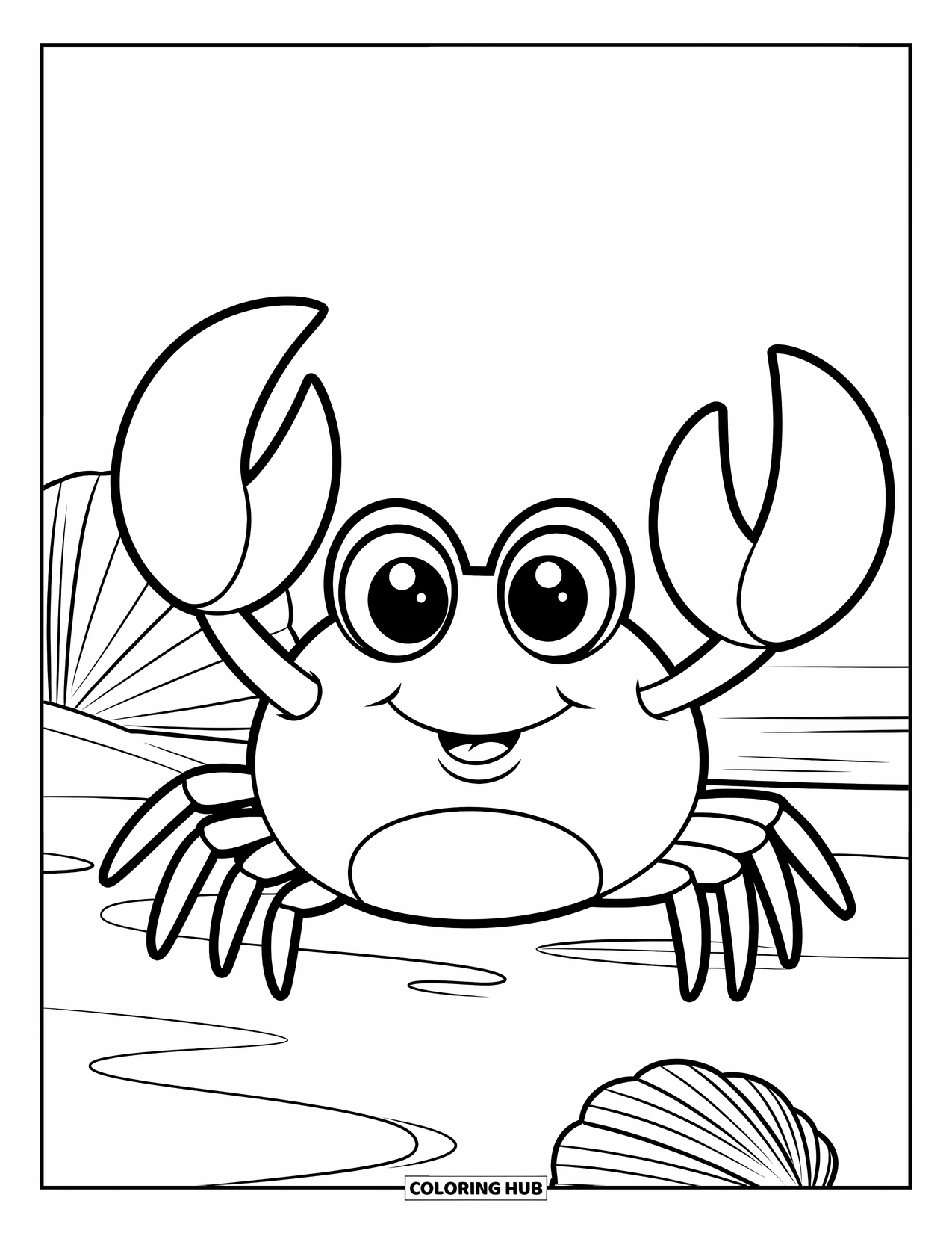 Desenho de Caranguejo para Colorir para Crianças: Um caranguejo fofo com olhos grandes acena com suas garras em uma praia com conchas