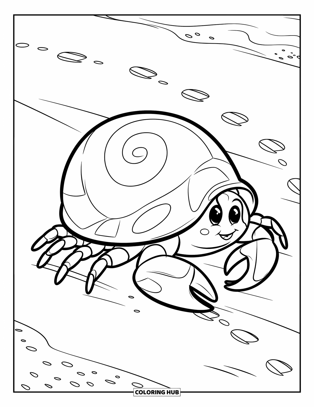 Desenho de Caranguejo para Colorir para Crianças: Um caranguejo eremita fofo com uma grande concha segue pegadas em uma praia de areia
