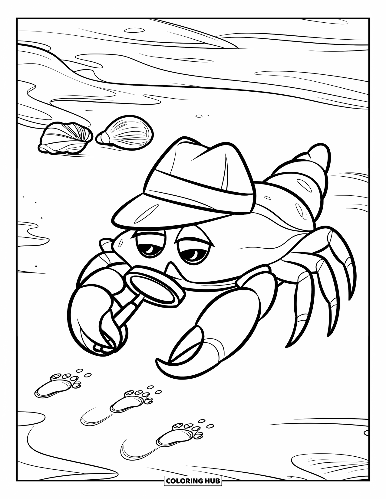 Desenho de Caranguejo para Colorir para Crianças: Um caranguejo detetive usa uma lupa para estudar pequenas impressões na areia