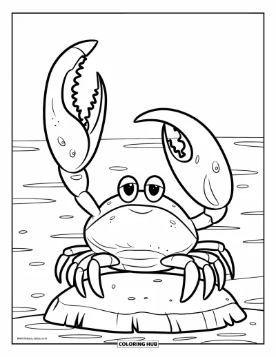 Crab Coloring Page for Kids: A fiddler crab poses boldly on a rock above the gentle waves
