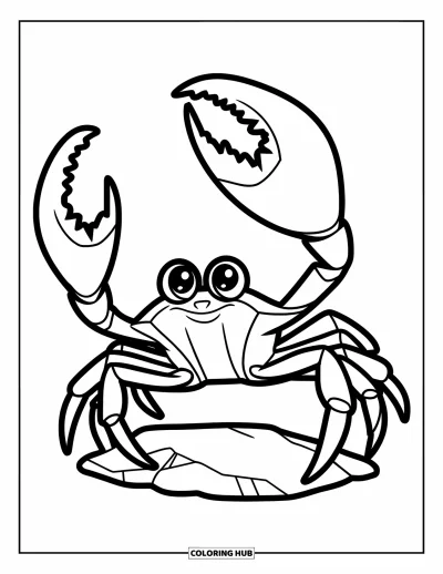 Crab Coloring Page for Kids: A fiddler crab proudly waves its giant claw from a small rock