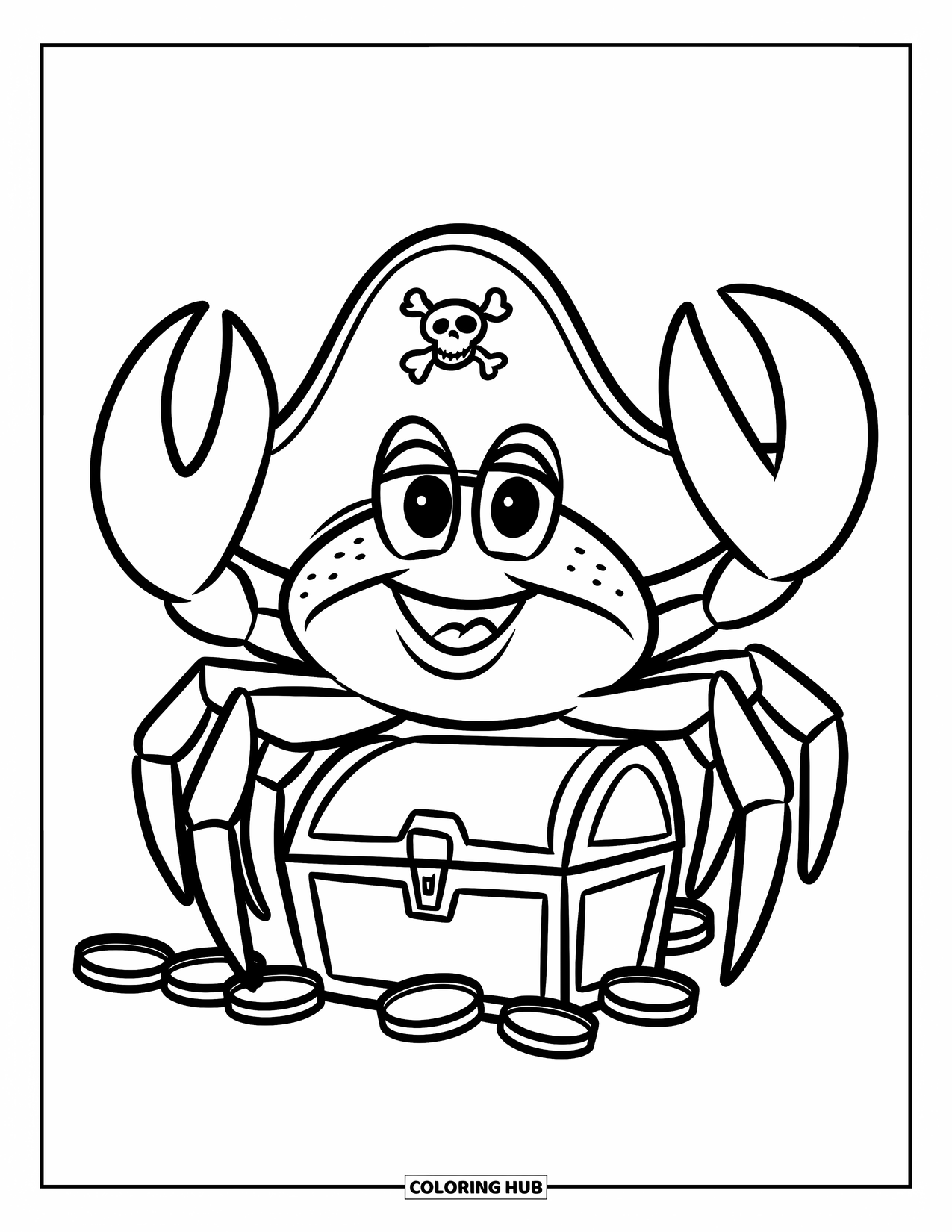 Desenho de Caranguejo para Colorir para Crianças: Um caranguejo sorridente com um chapéu de pirata fica em um tesouro com moedas de ouro ao redor