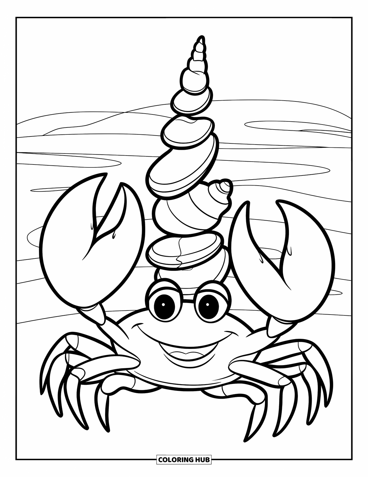 Desenho de Caranguejo para Colorir para Crianças: Um caranguejo feliz equilibra conchas marinhas nas costas perto de ondas oceânicas calmas