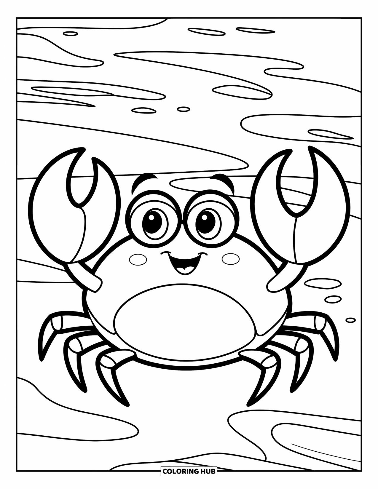 Desenho de Caranguejo para Colorir para Crianças: Um caranguejo feliz acena com suas garras em uma praia simples com ondas suaves