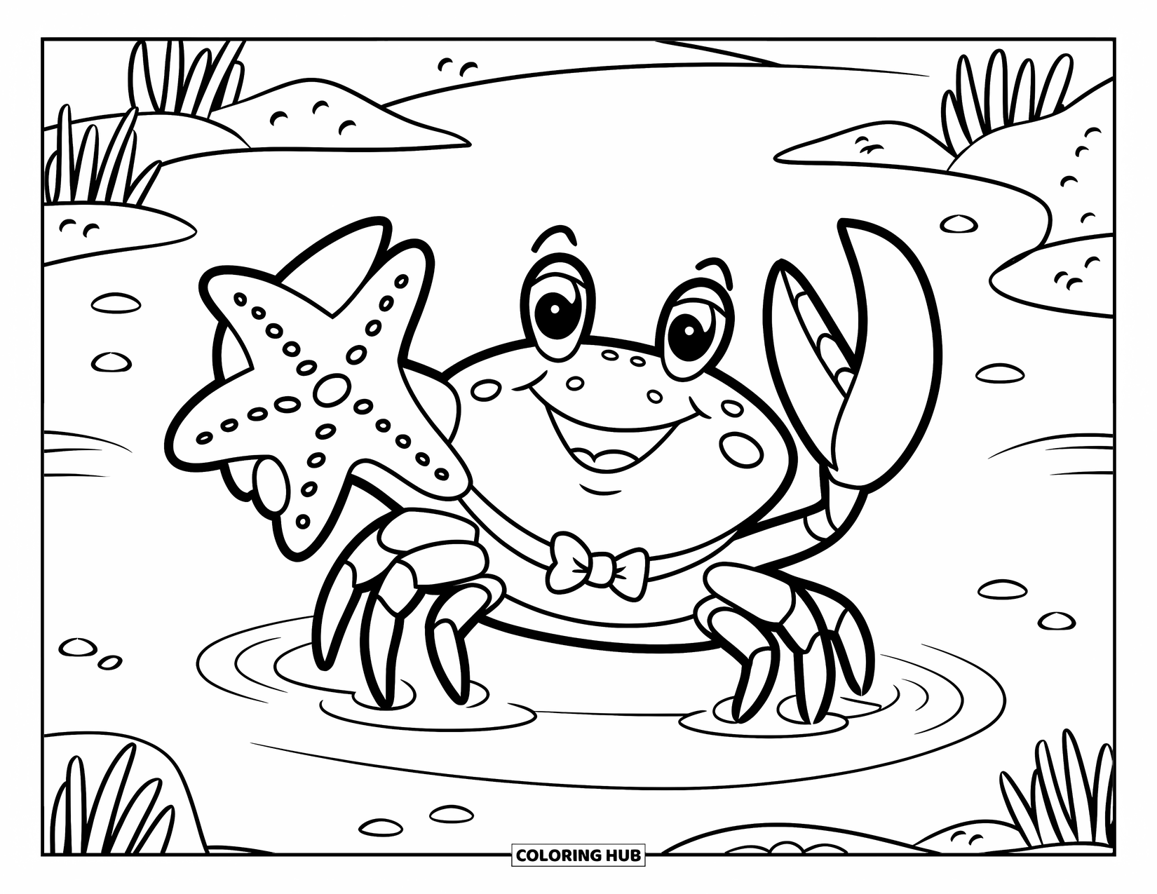 Desenho de Caranguejo para Colorir para Crianças: Um caranguejo feliz com uma gravata borboleta segura uma estrela-do-mar perto do mar arenoso