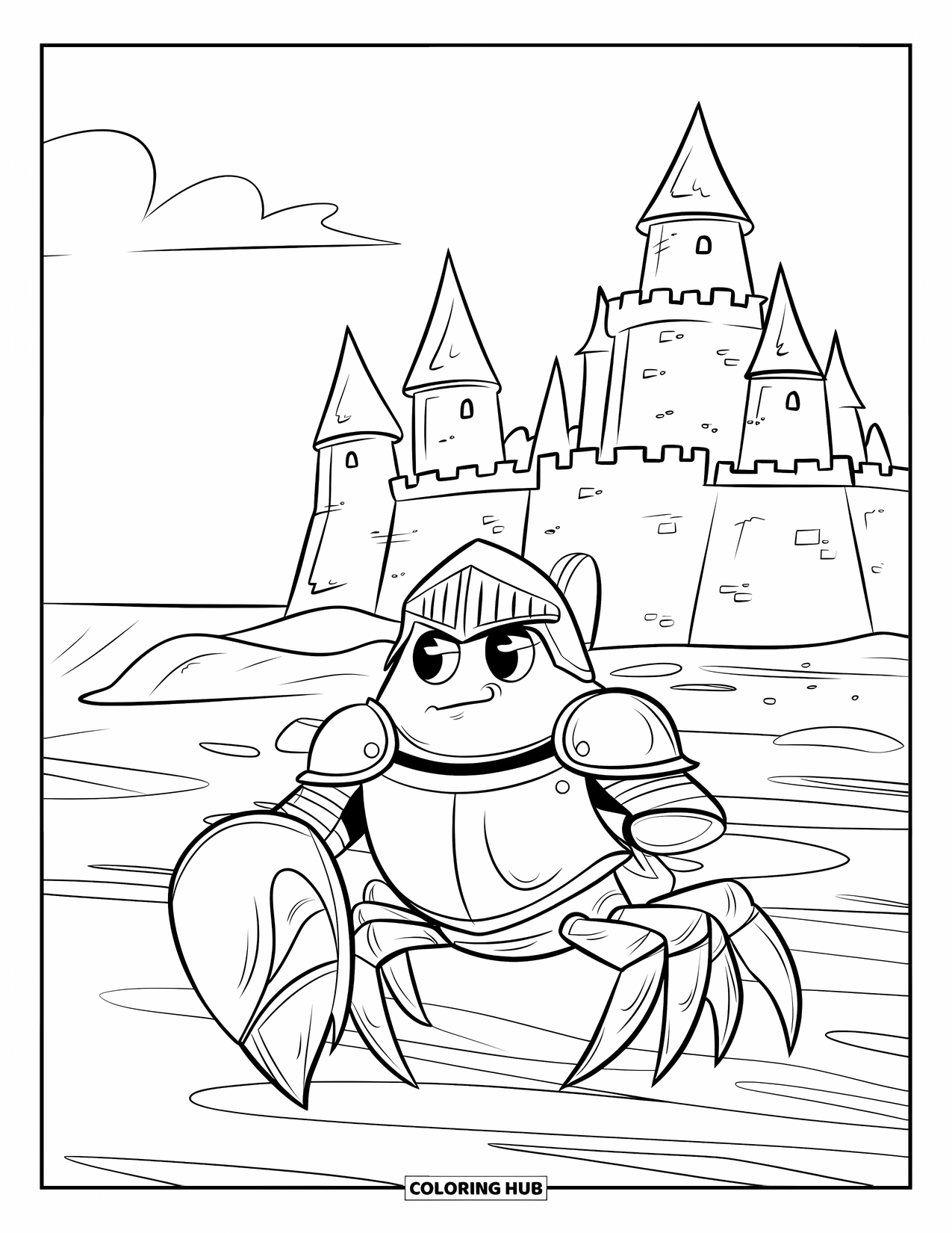 Desenho de Caranguejo para Colorir para Crianças: Um caranguejo heróico em armadura brilhante protege um castelo de areia à beira-mar