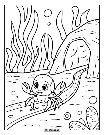 Crab Coloring Page for Kids: A little crab walks a dotted trail toward a hole in a rock