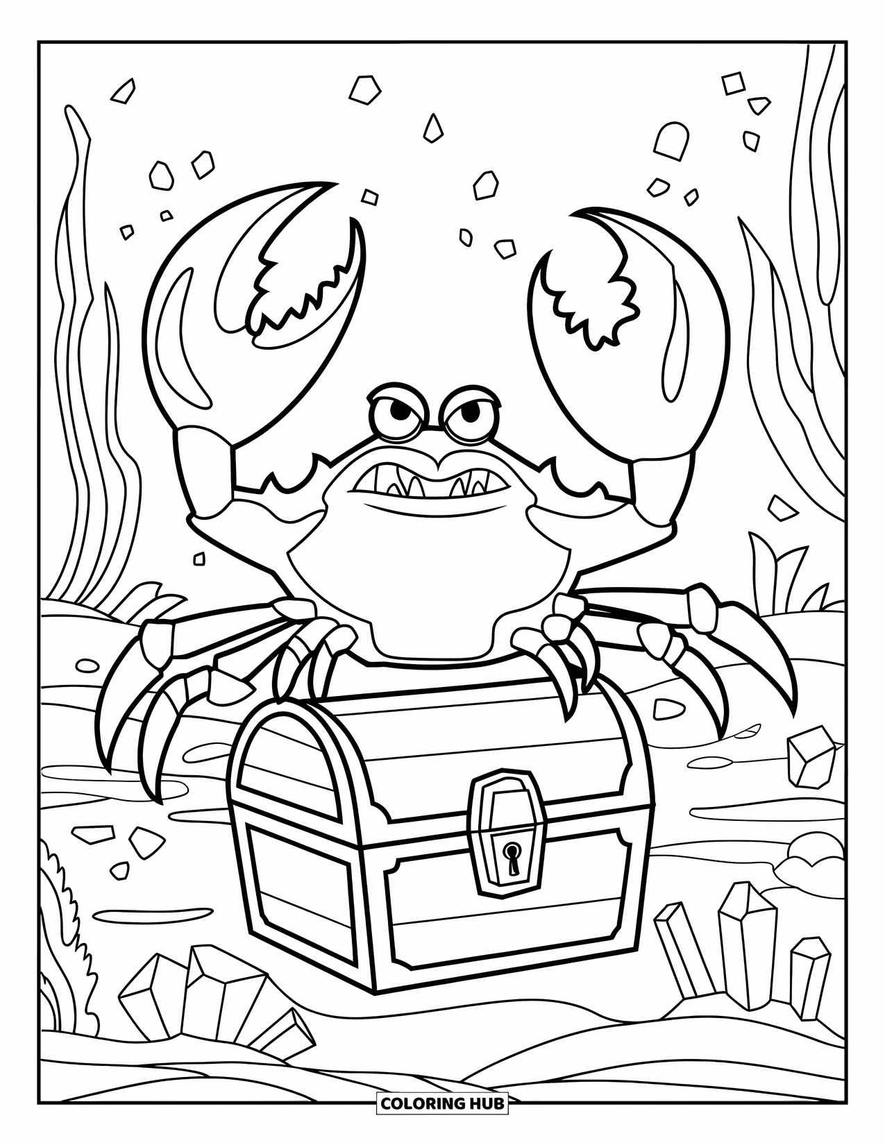 Desenho de Caranguejo para Colorir para Crianças: Um caranguejo poderoso posa em um tesouro enquanto gemas brilhantes brilham ao redor