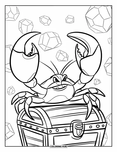 Crab Coloring Page for Kids: A powerful crab guards glowing gems on a sunken treasure chest