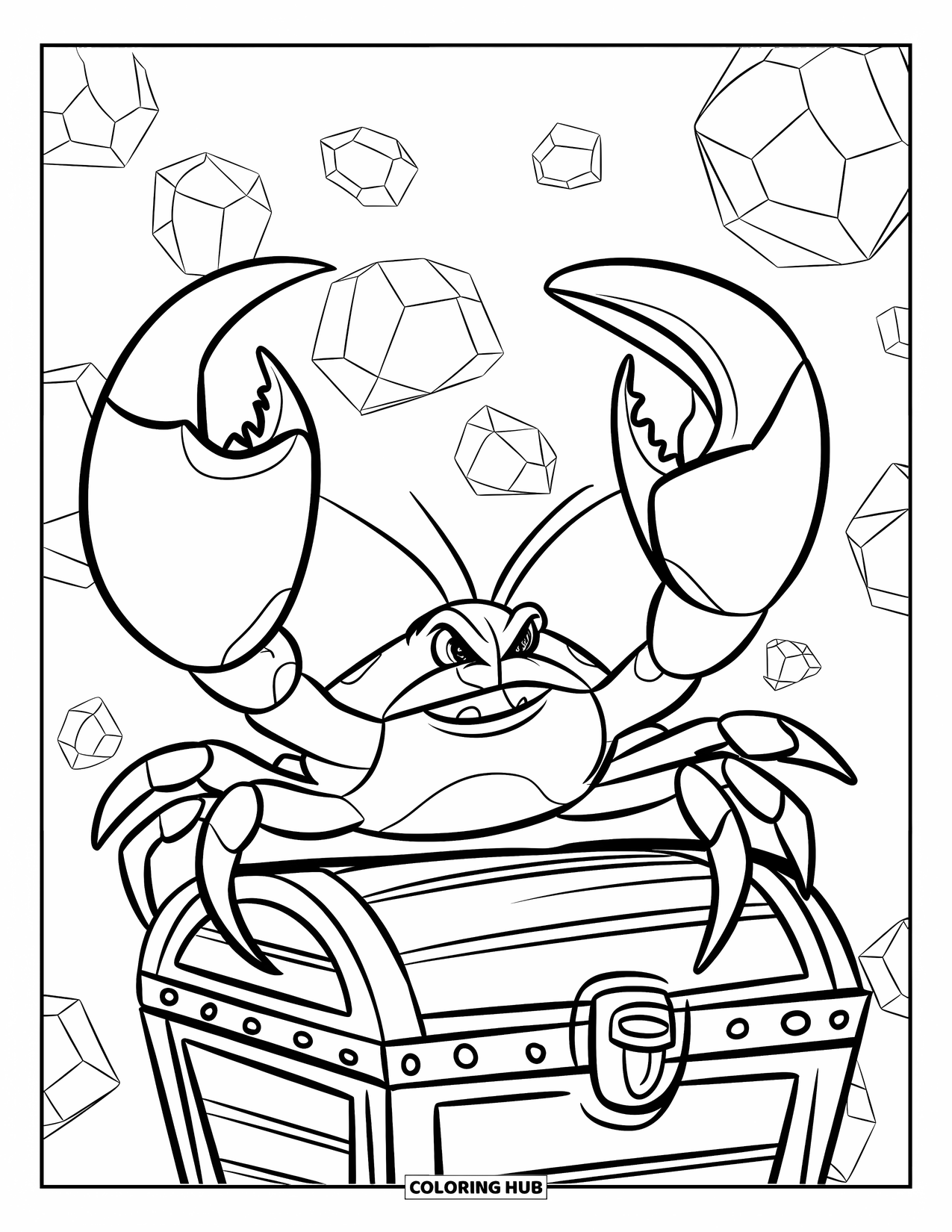 Desenho de Caranguejo para Colorir para Crianças: Um caranguejo poderoso guarda gemas brilhantes em um baú de tesouro afundado