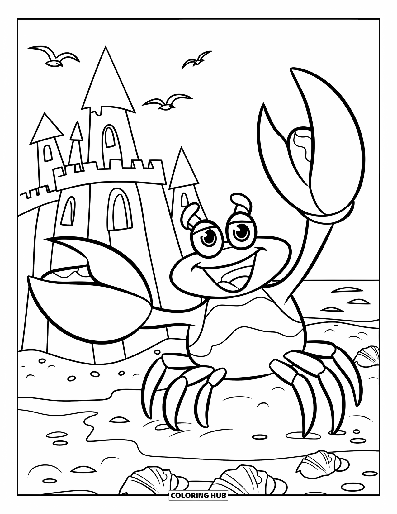 Desenho de Caranguejo para Colorir para Crianças: Um caranguejo orgulhoso fica perto de uma torre de areia, sorrindo sob um céu ensolarado