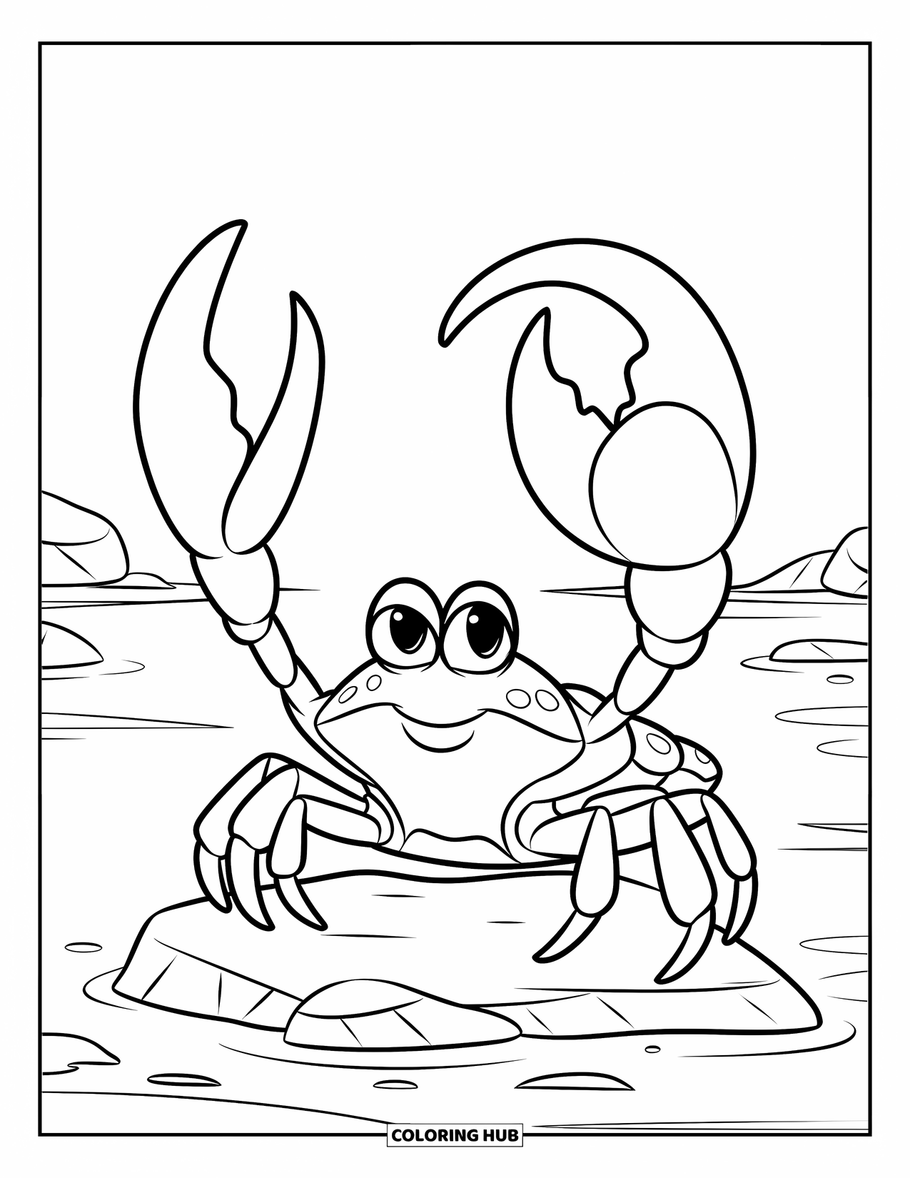 Desenho de Caranguejo para Colorir para Crianças: Um caranguejo orgulhoso fica em uma rocha com uma garra superdimensionada no ar