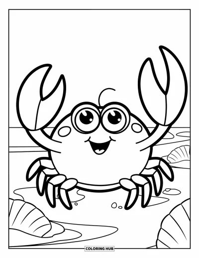 Crab Coloring Page for Kids: A round crab waves happily in a beach scene with seashells nearby