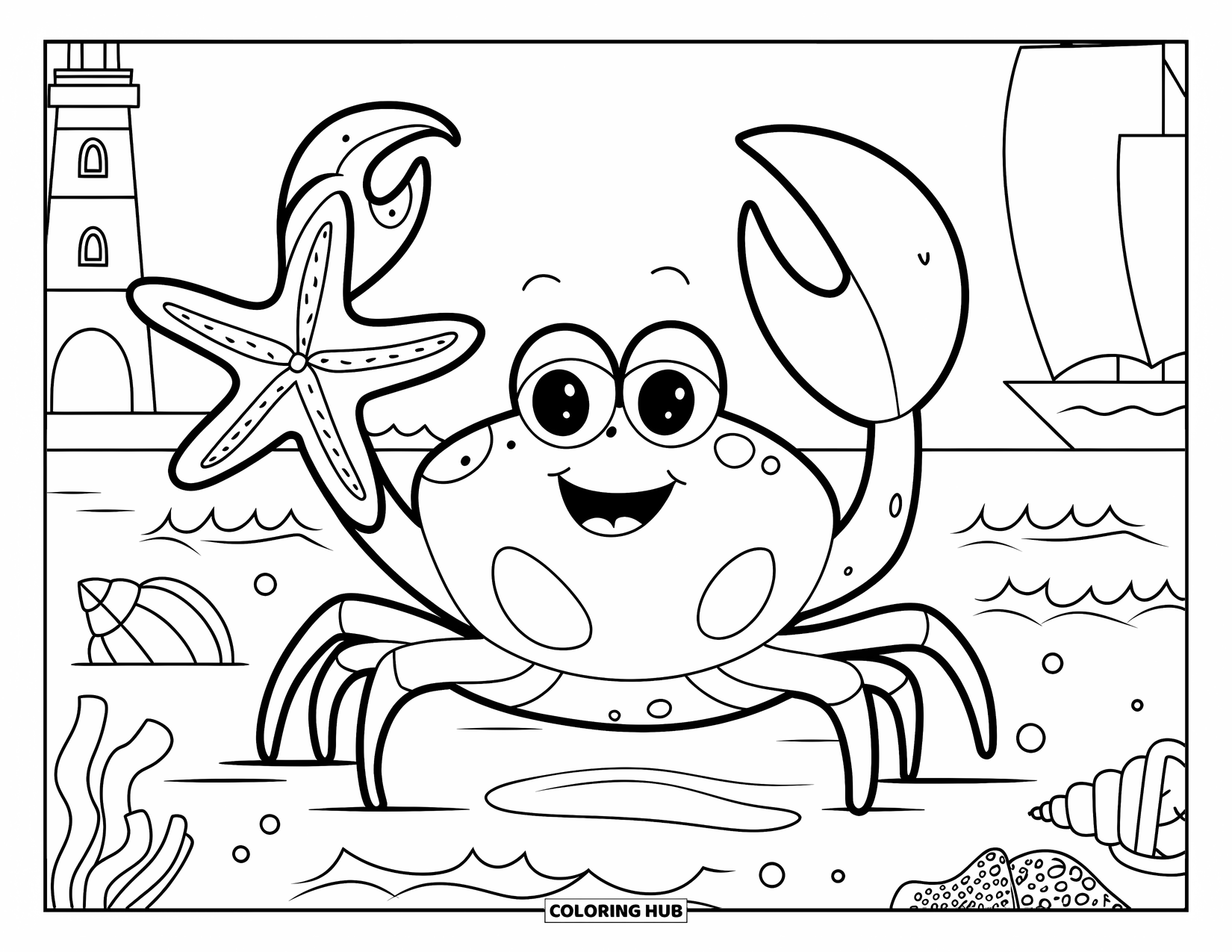 Desenho de Caranguejo para Colorir para Crianças: Um caranguejo sorridente segura uma estrela-do-mar em águas rasas perto de algas marinhas e ondas