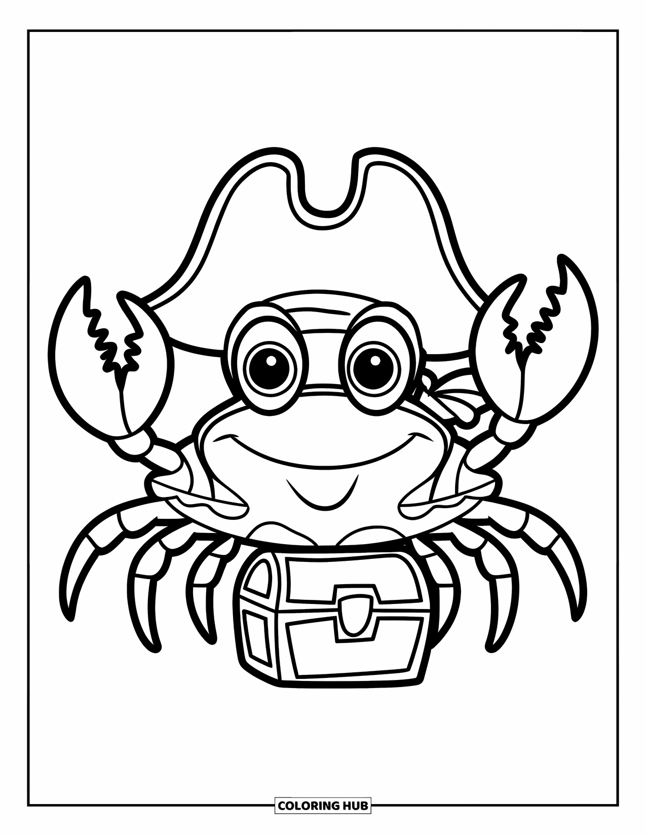 Desenho de Caranguejo para Colorir para Crianças: Um caranguejo sorridente com um chapéu de pirata se equilibra em um pequeno baú de tesouro