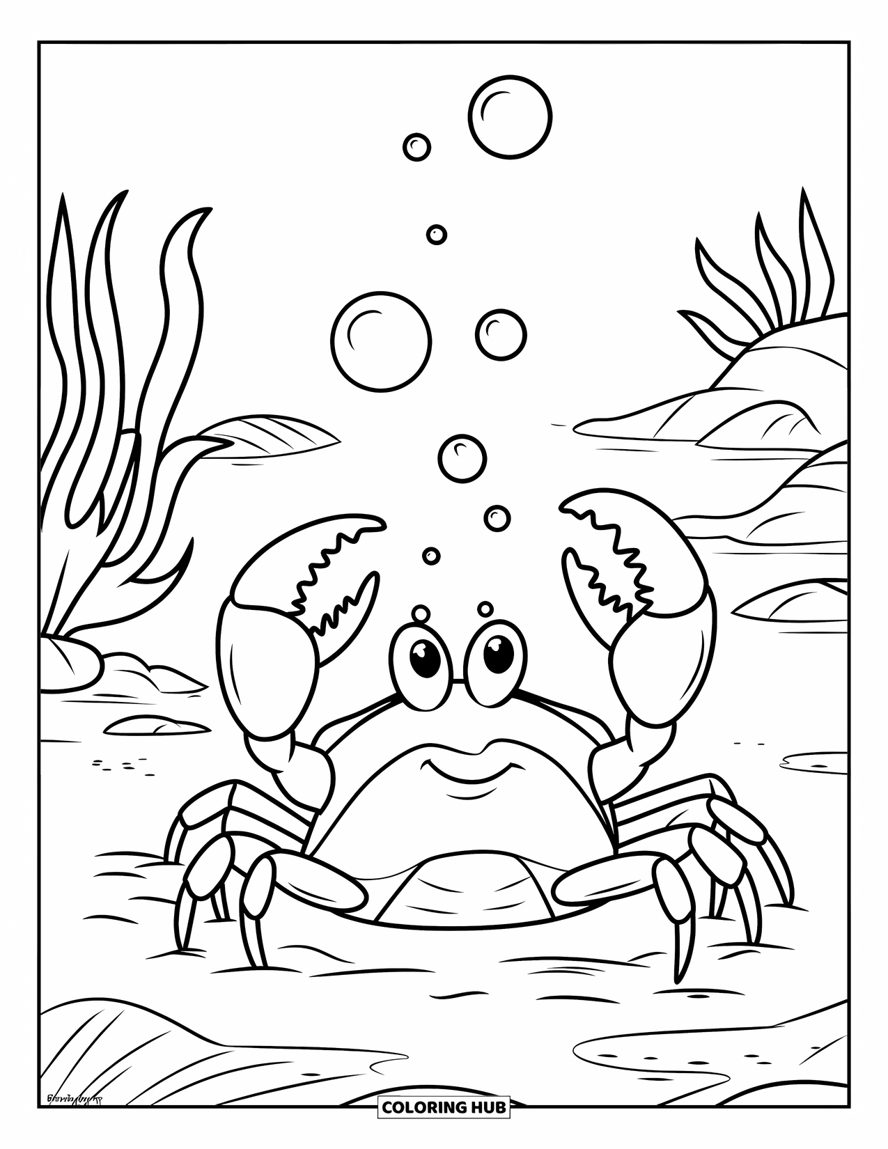 Desenho de Caranguejo para Colorir para Crianças: Um caranguejo sorridente envia bolhas para o mar acima de algas marinhas balançando