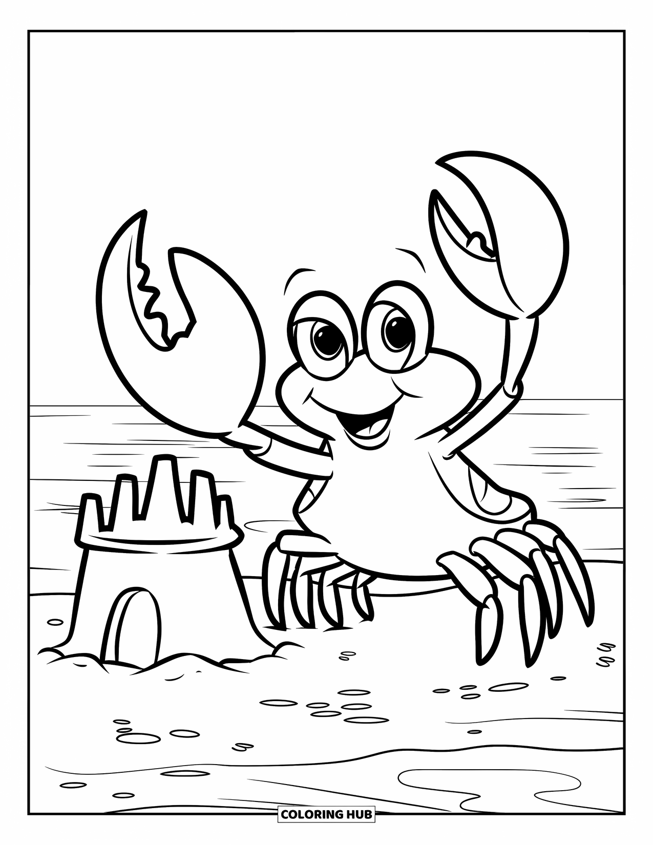 Desenho de Caranguejo para Colorir para Crianças: Um caranguejo sorridente fica ao lado de um castelo de areia em uma praia tranquila