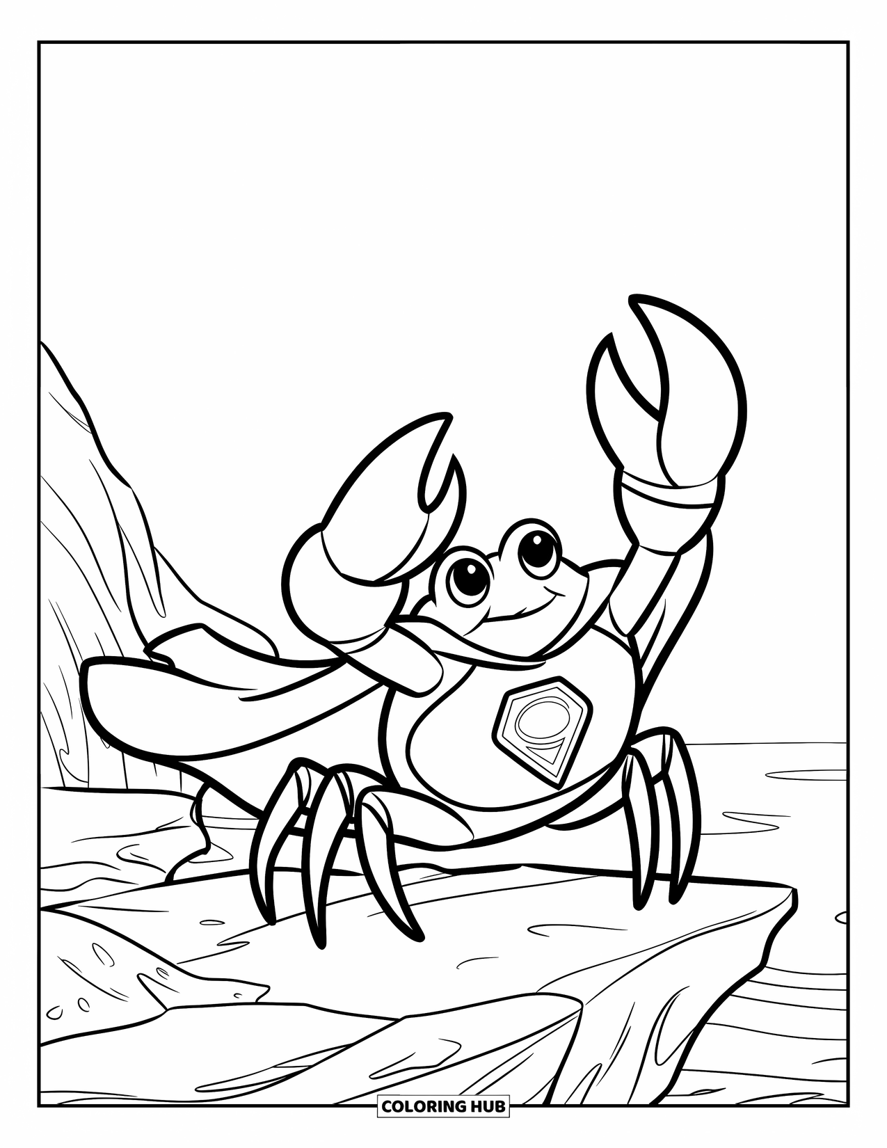 Desenho de Caranguejo para Colorir para Crianças: Um caranguejo super-herói posa orgulhosamente com seu emblema de concha perto do mar