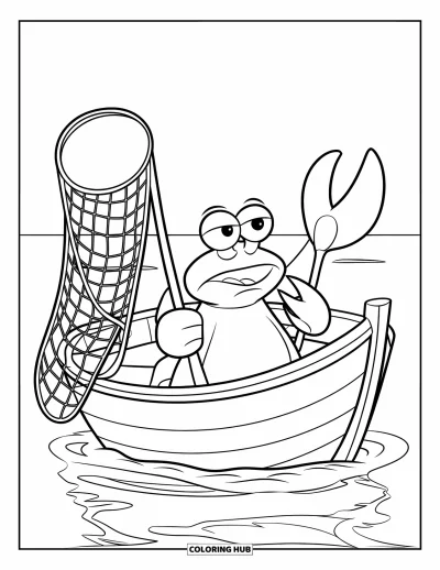 Crab Coloring Page for Kids: A surprised crab with a net floats in a wooden boat at sea
