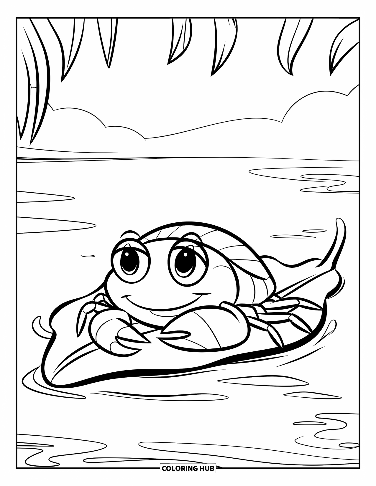 Desenho de Caranguejo para Colorir para Crianças: Um caranguejo de olhos arregalados anda em uma folha flutuante através de águas suaves